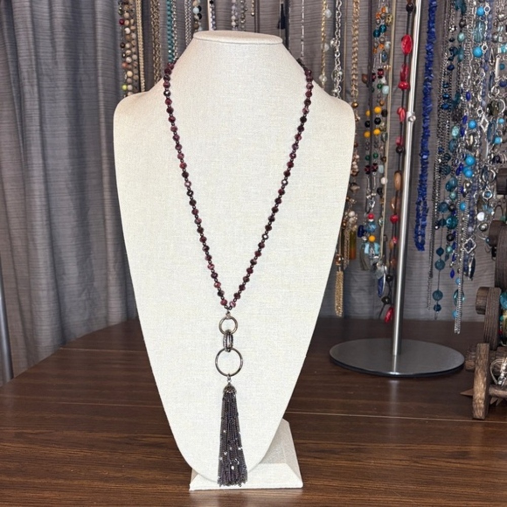 New Chic Burgundy Beaded Necklace with Black Tassel